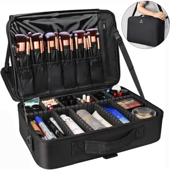 Large Makeup Train Case Travel Organizer Waterproof Cosmetic Bag With Strap - Picture 3 of 7